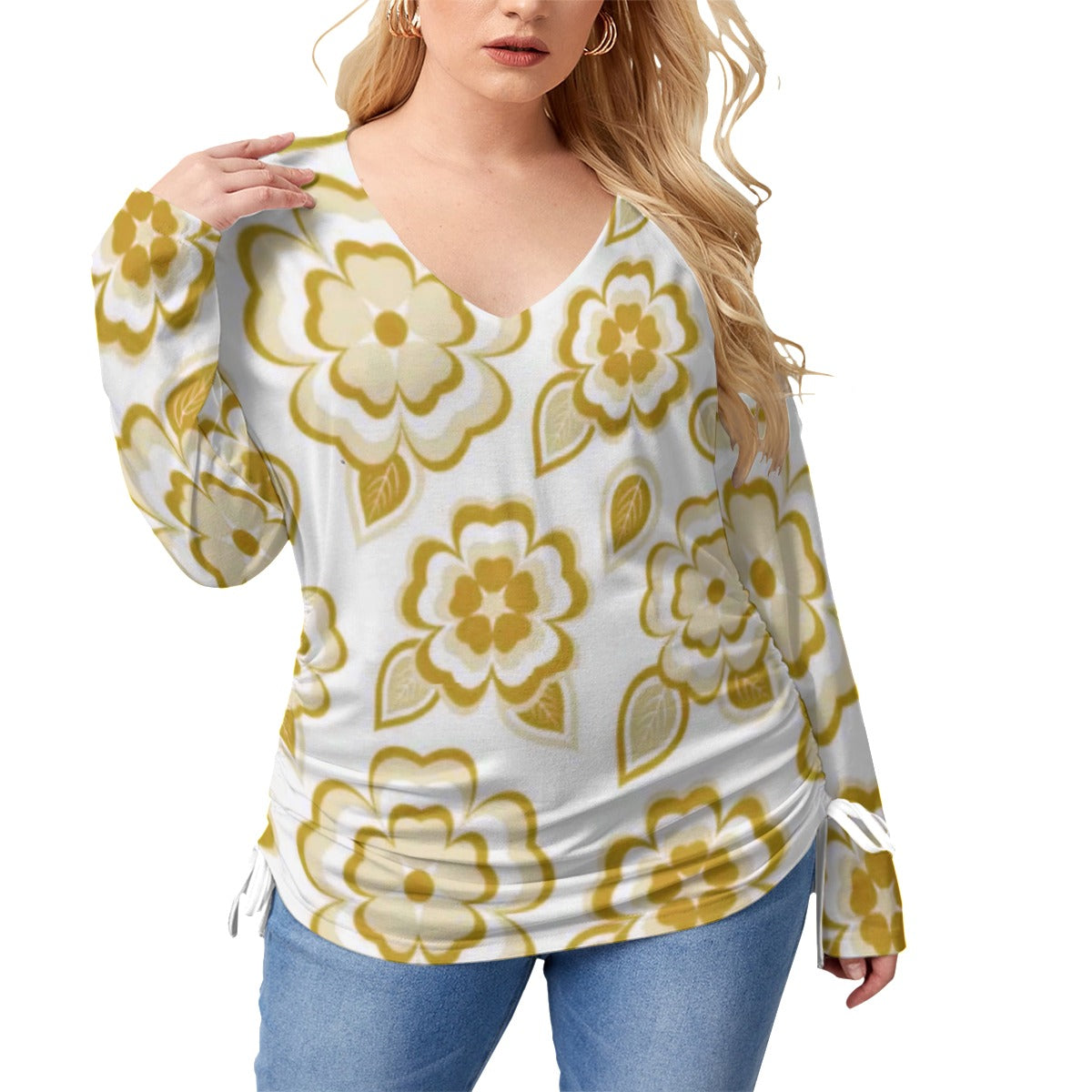 Yellow Sakura Flowers & Leaves Women’s V-neck T-shirt With Side Drawstring(Plus Size)