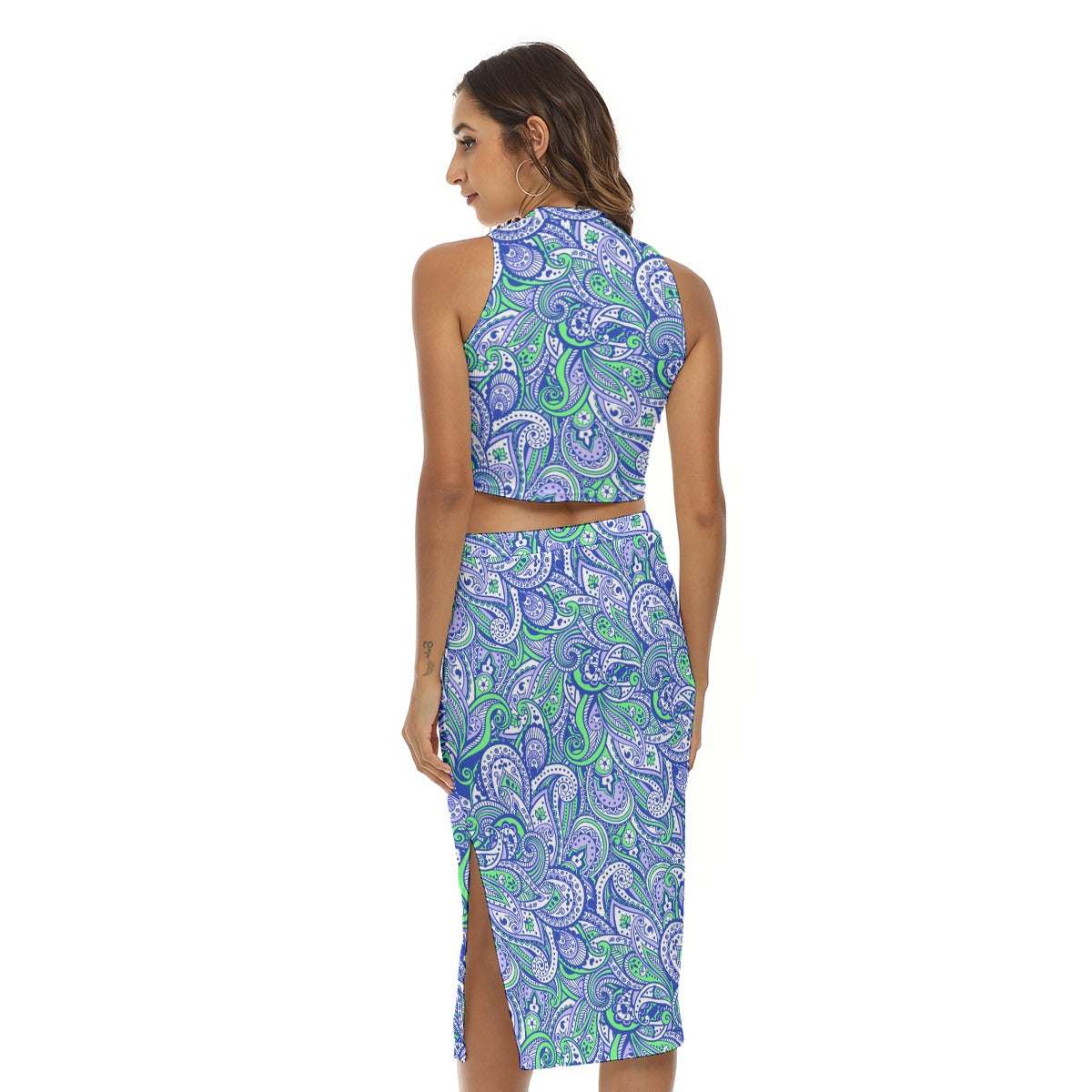 Colorful Paisley Pattern Women's Tank Top & Split High Skirt Set