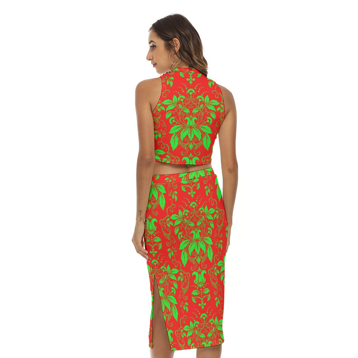 Green With Red Vintage Flowers Women's Tank Top & Split High Skirt Set