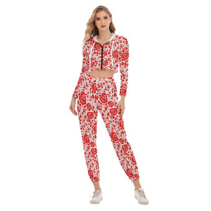 White & Red Roses Women's Crop Hoodie Sports Sets