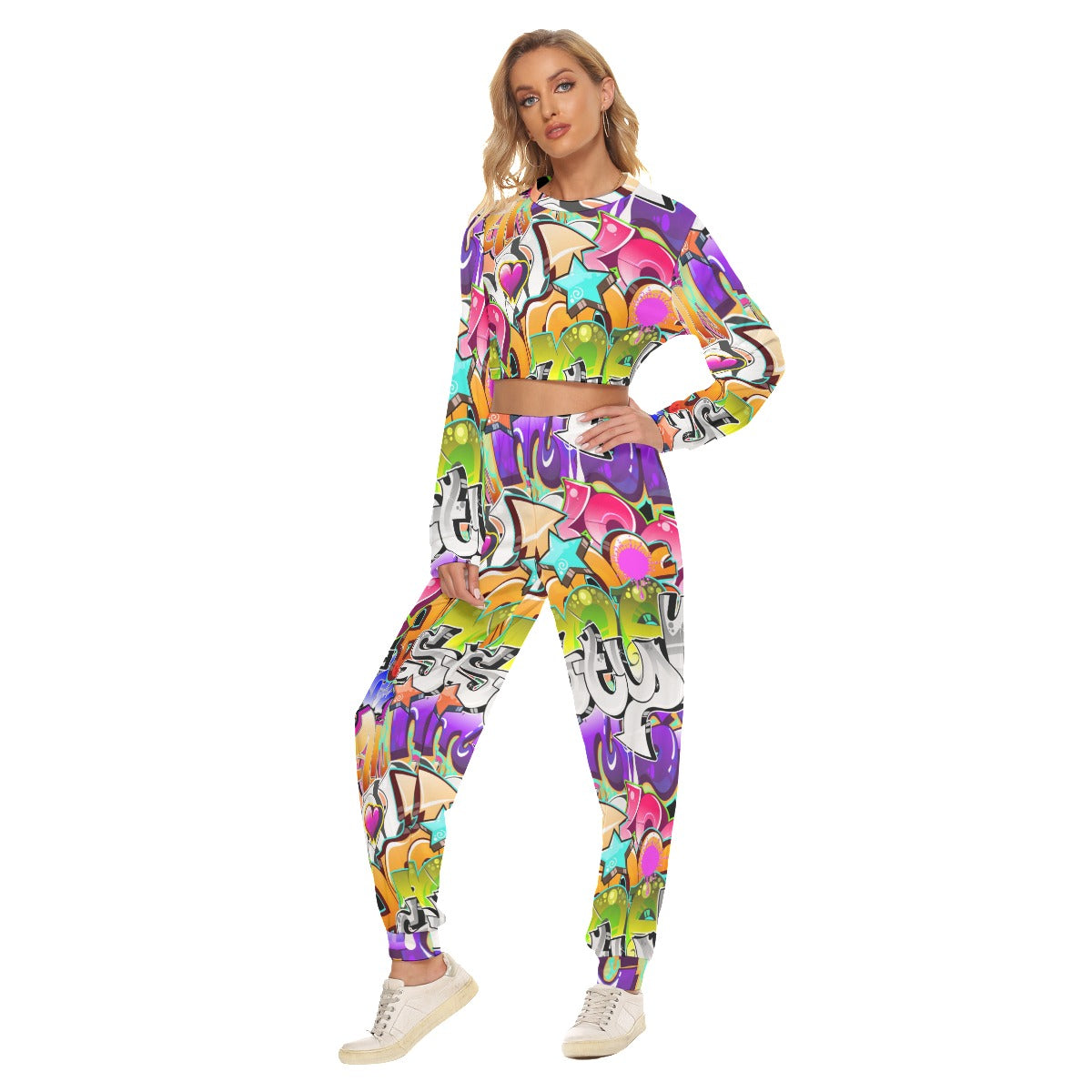 Graffiti Style Women's Crop Sweatshirt Suit