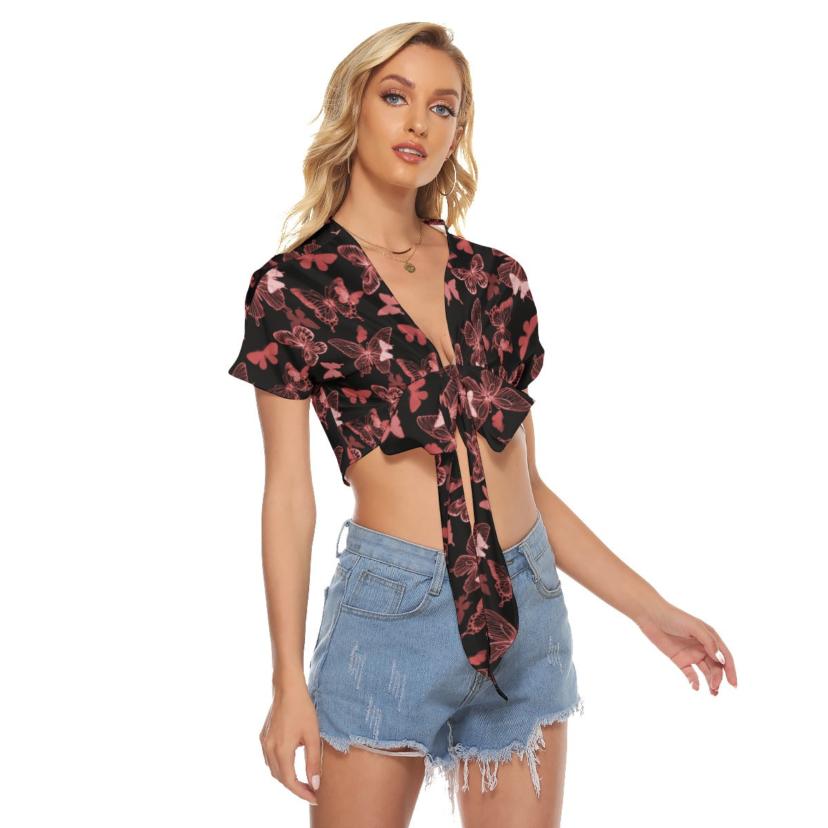 Black With Red Butterflies Women's Bandage Crop Top