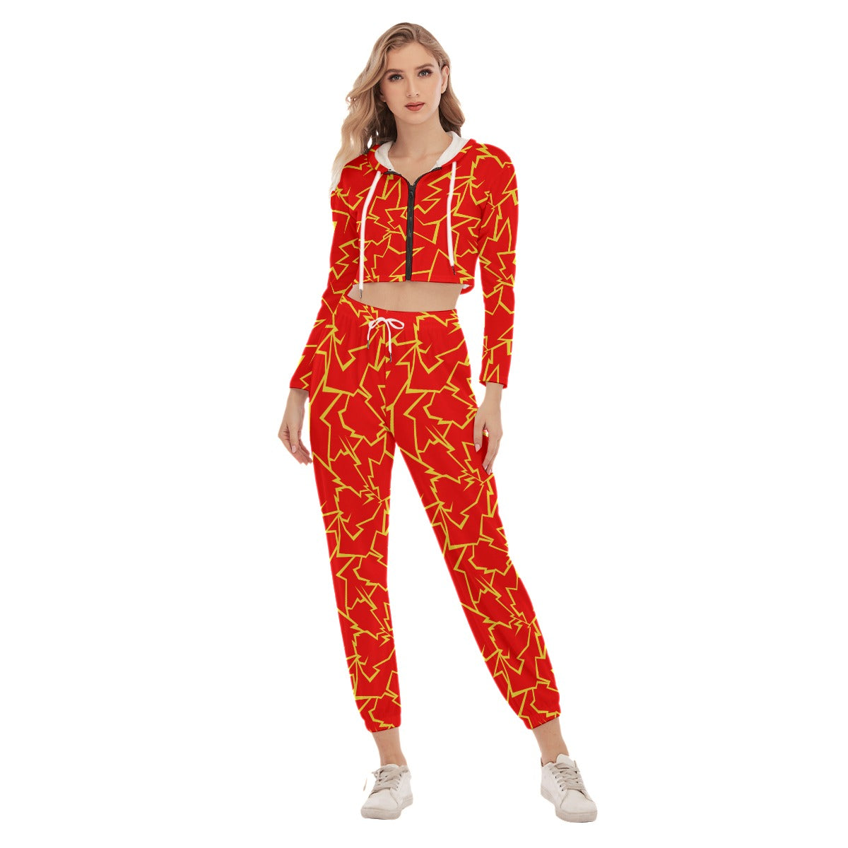 Red & Yellow Lightning Strikes Women's Crop Hoodie Sports Sets