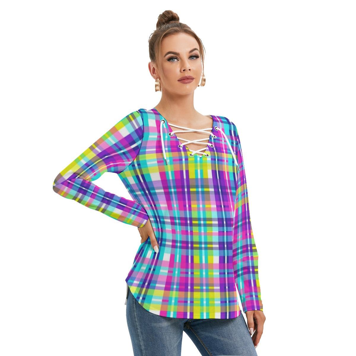 Women's Long Sleeve Colorful Plaid Neckline Tie Sweatshirt