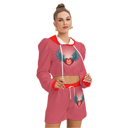 Cute Heart Love With Wings Women's Mirco Fleece Hoodie And Shorts Set