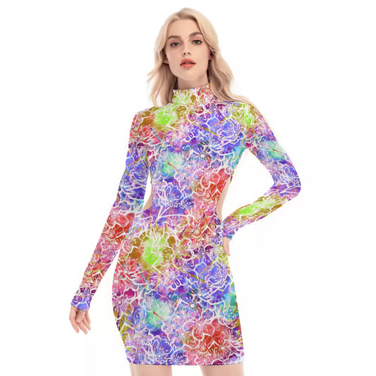 Colorful Flowers Waist Hollow Hip Dress