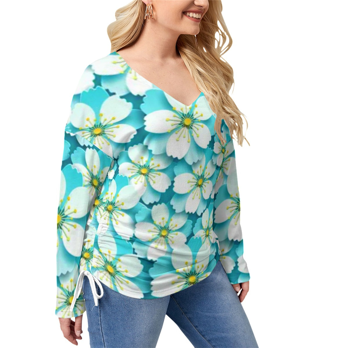 Baby Blue With White Cherry Blossoms Women’s V-neck T-shirt With Side Drawstring(Plus Size)