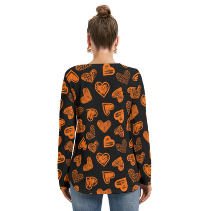 Black With Orange Doodle Hearts Women's Long Sleeve Neckline Tie Sweatshirt