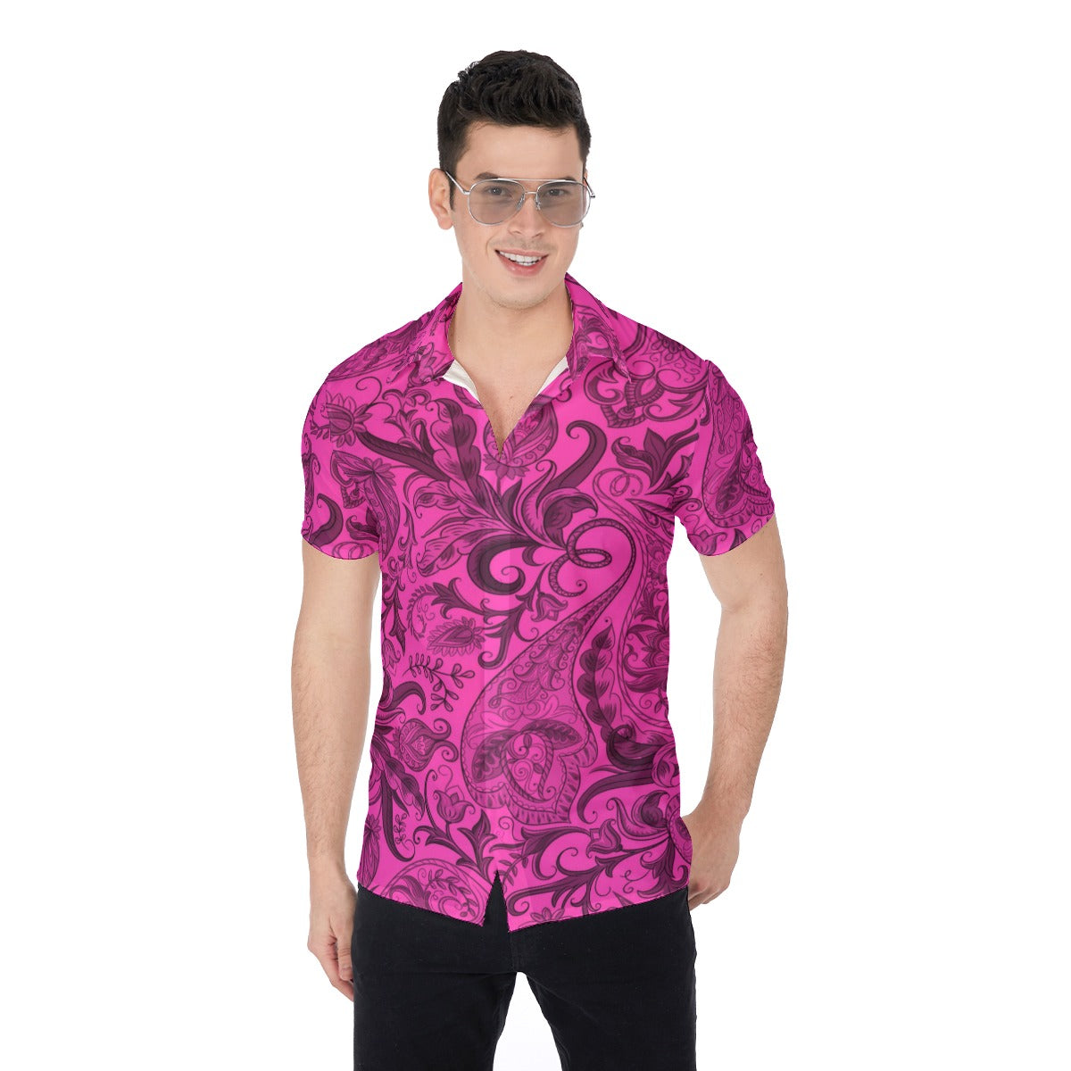 Cute Flowers Pink & Black Men's Button Up Shirt