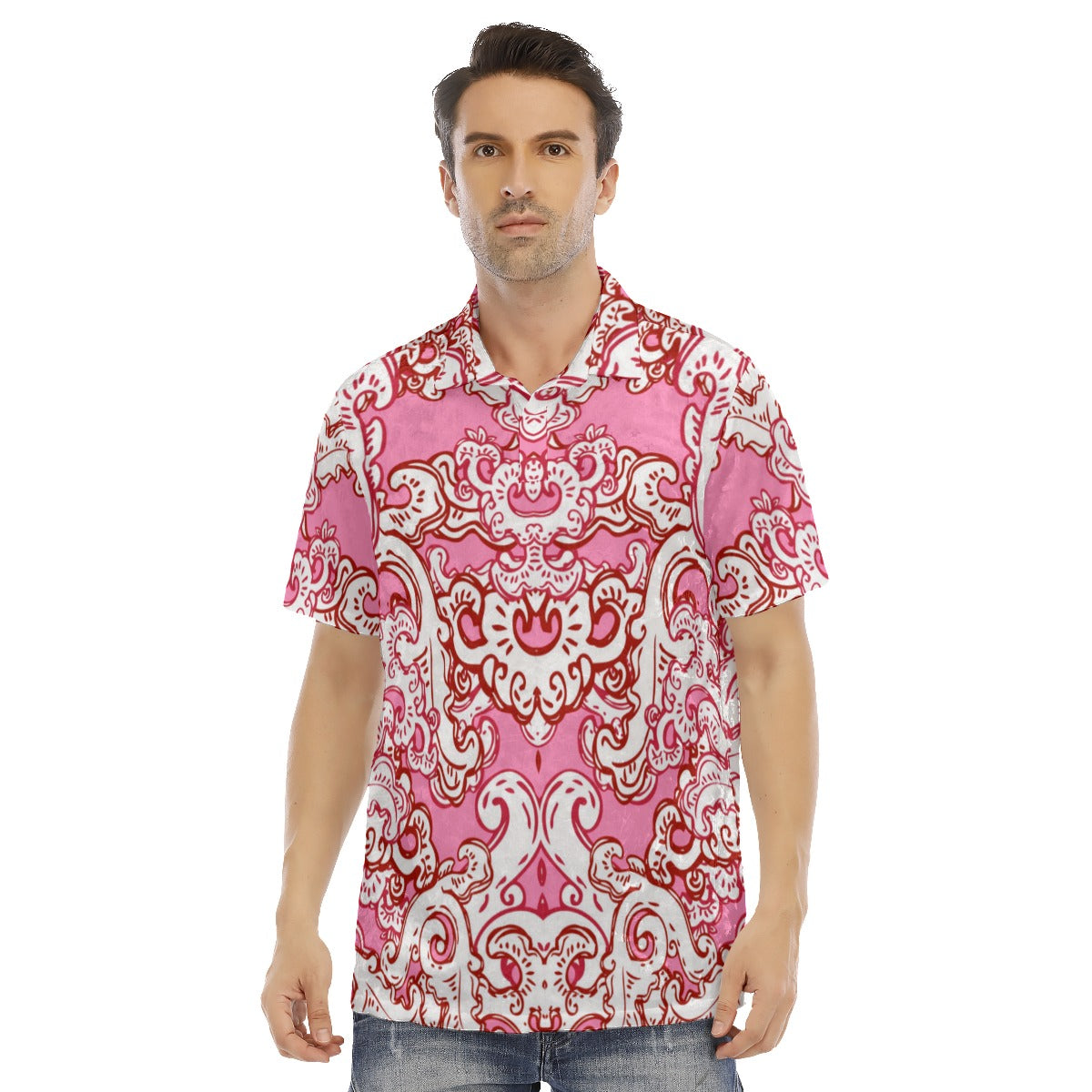 Pink & White Baroque Pattern Men's Polo Shirt | Velvet