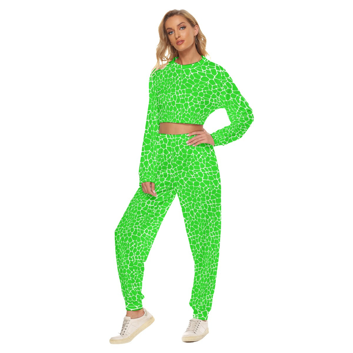 Green & White Women's Crop Sweatshirt Suit