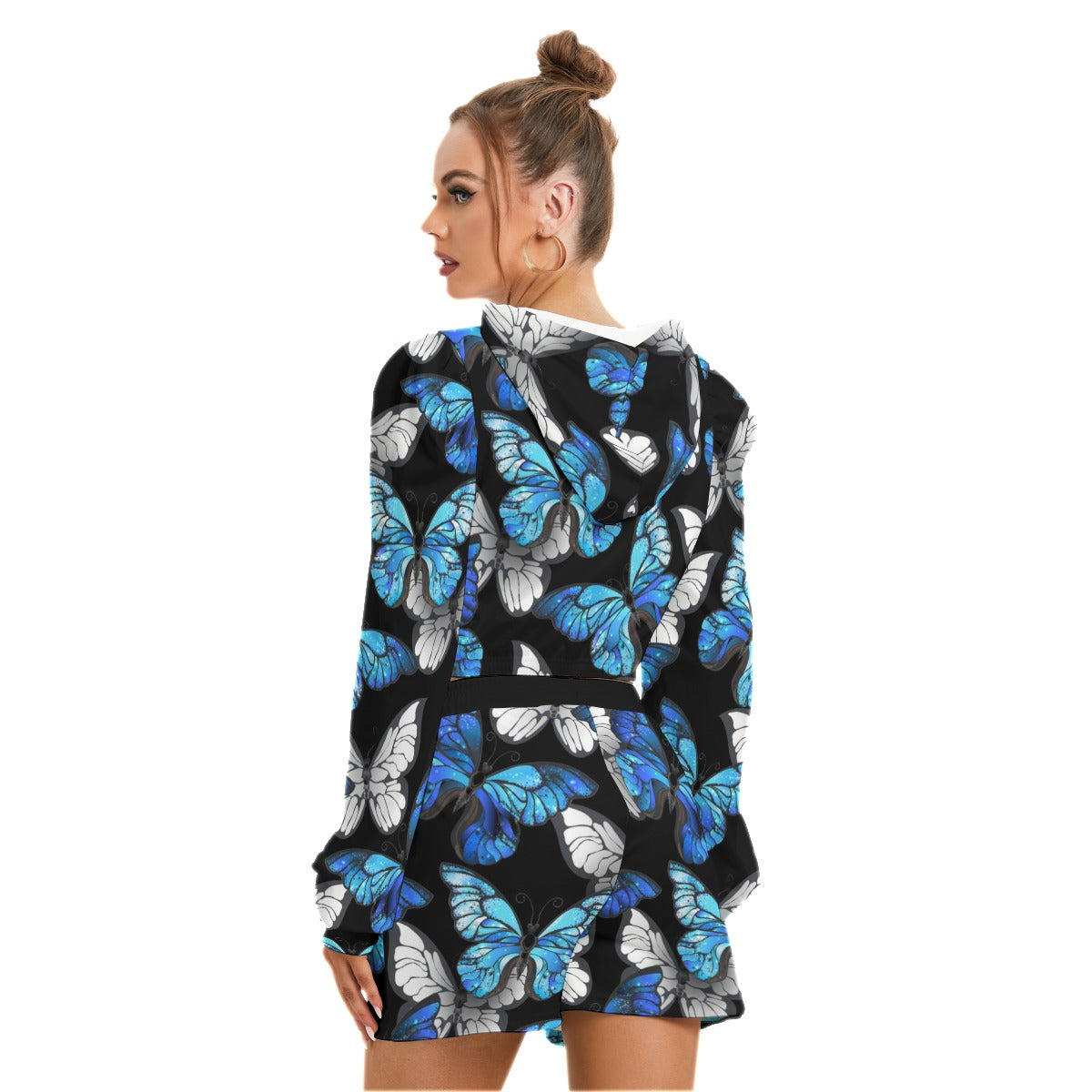 Blue & White Butterflies Women's Mirco Fleece Hoodie And Shorts Set