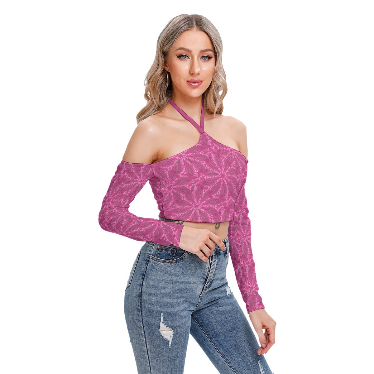 Pink Abstract Women's Halter Lace-up Top