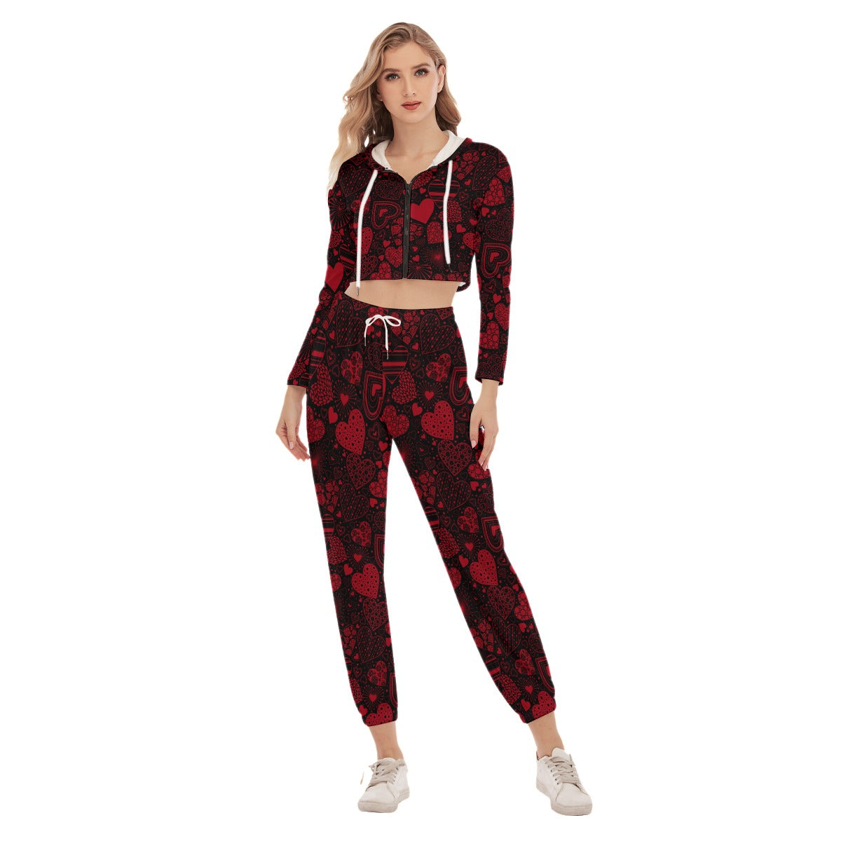 Black & Red Hearts Women's Crop Hoodie Sports Sets