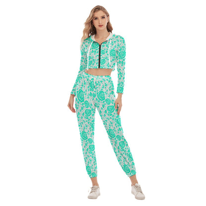 White & Teal Roses Women's Crop Hoodie Sports Sets