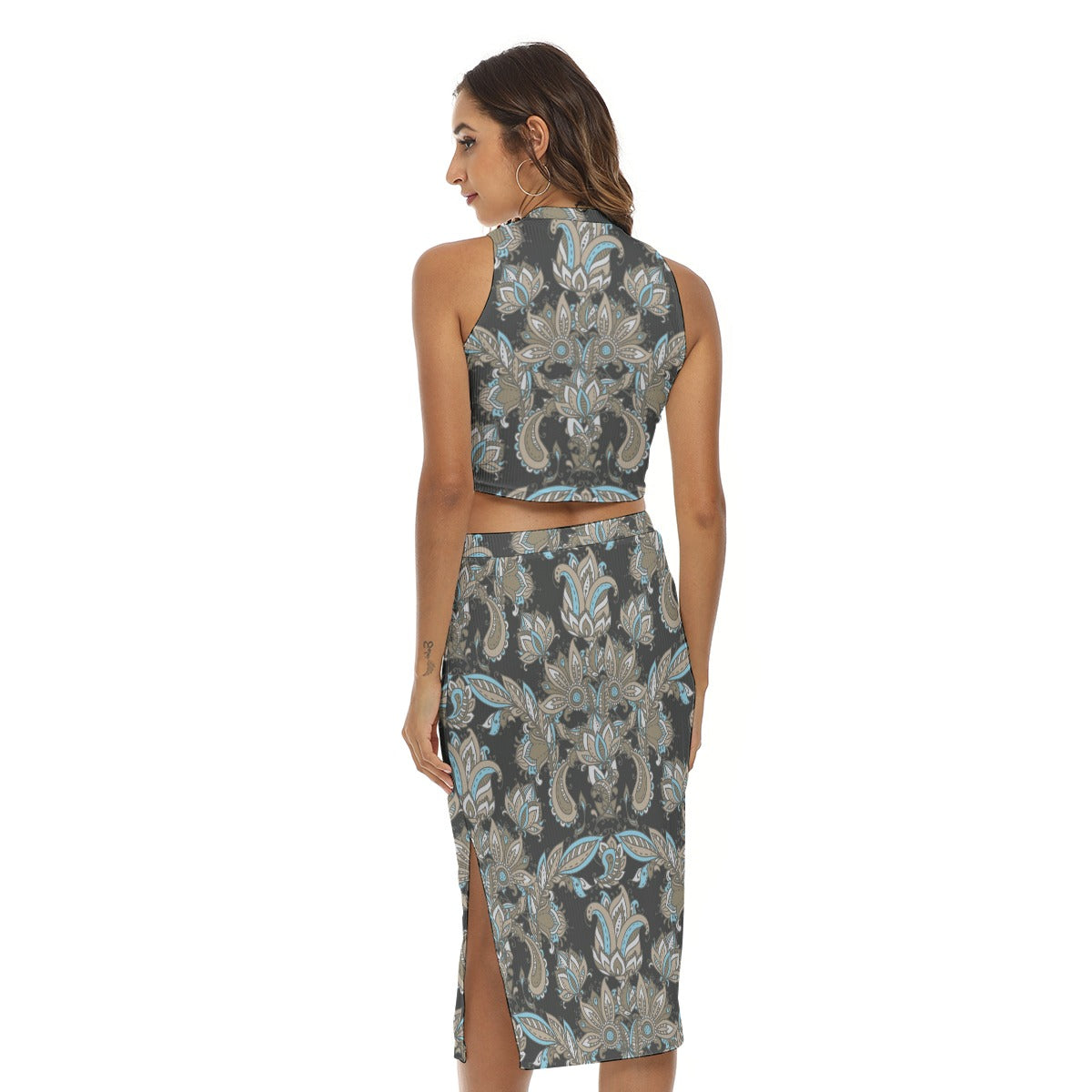 Royal Flowers Women's Tank Top & Split High Skirt Set