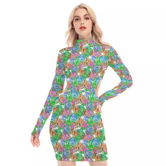 Colorful Flowers Waist Hollow Hip Dress