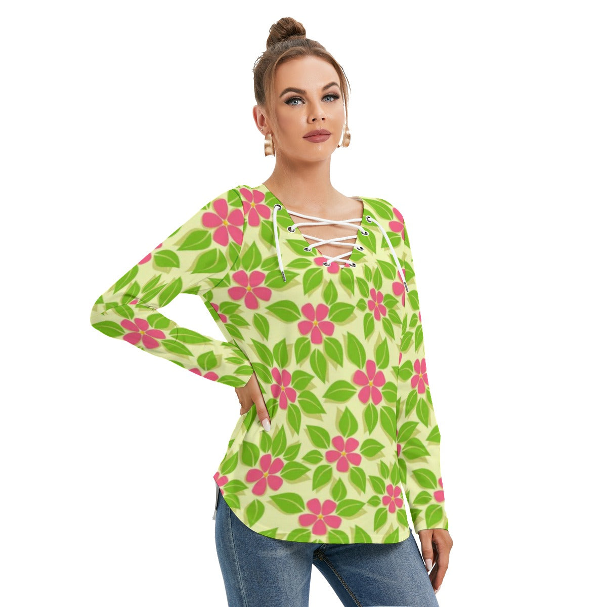 Tropical Flowers Women's Long Sleeve Neckline Tie Sweatshirt