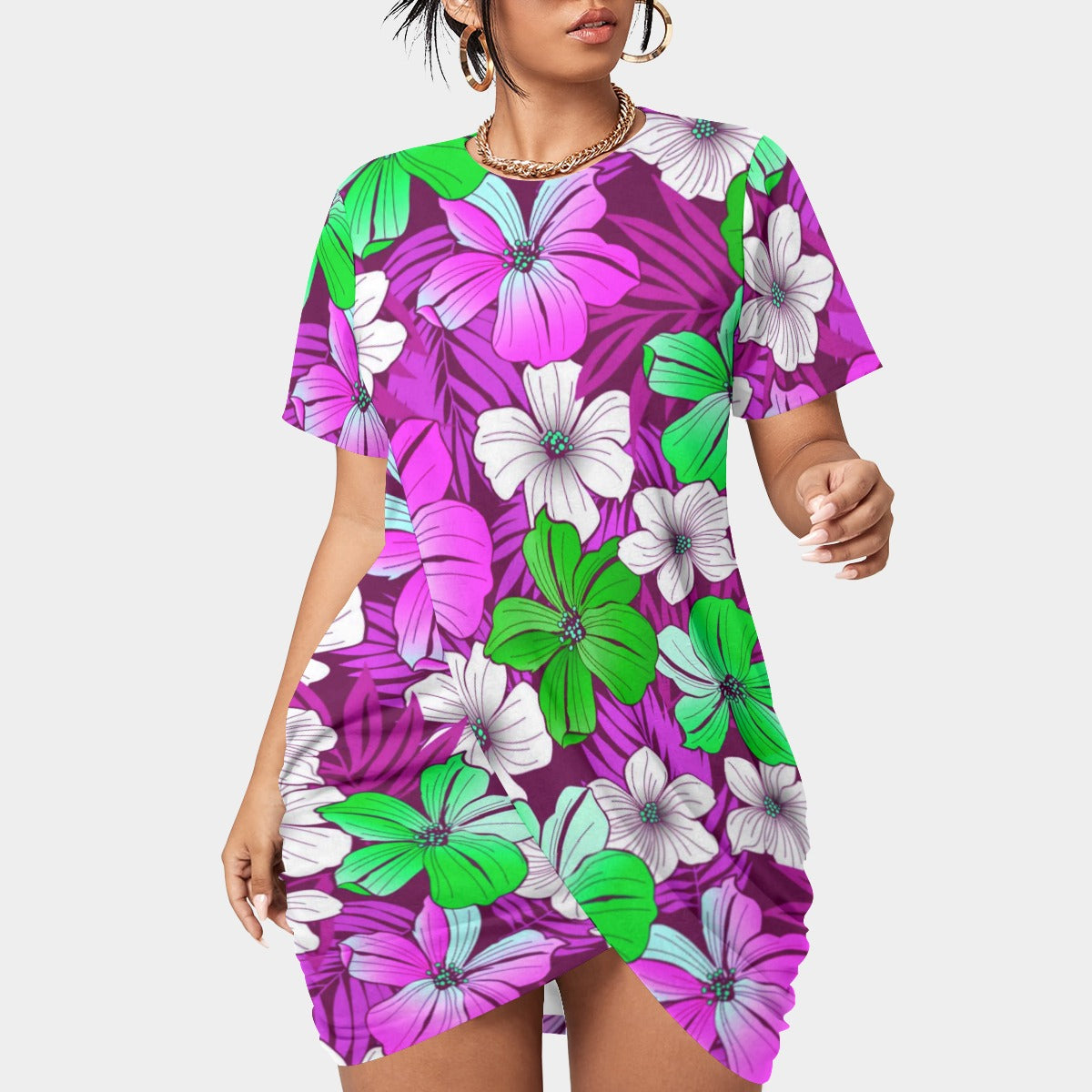 Women’s Tropical Summer Stacked Hem Dress With Short Sleeve（Plus Size)