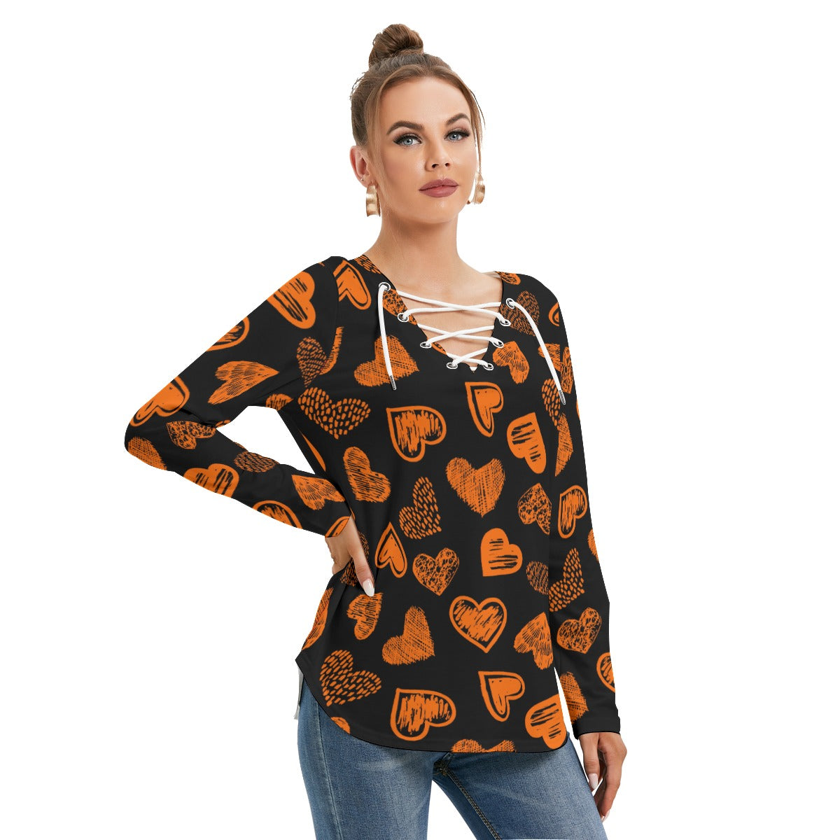 Black With Orange Doodle Hearts Women's Long Sleeve Neckline Tie Sweatshirt