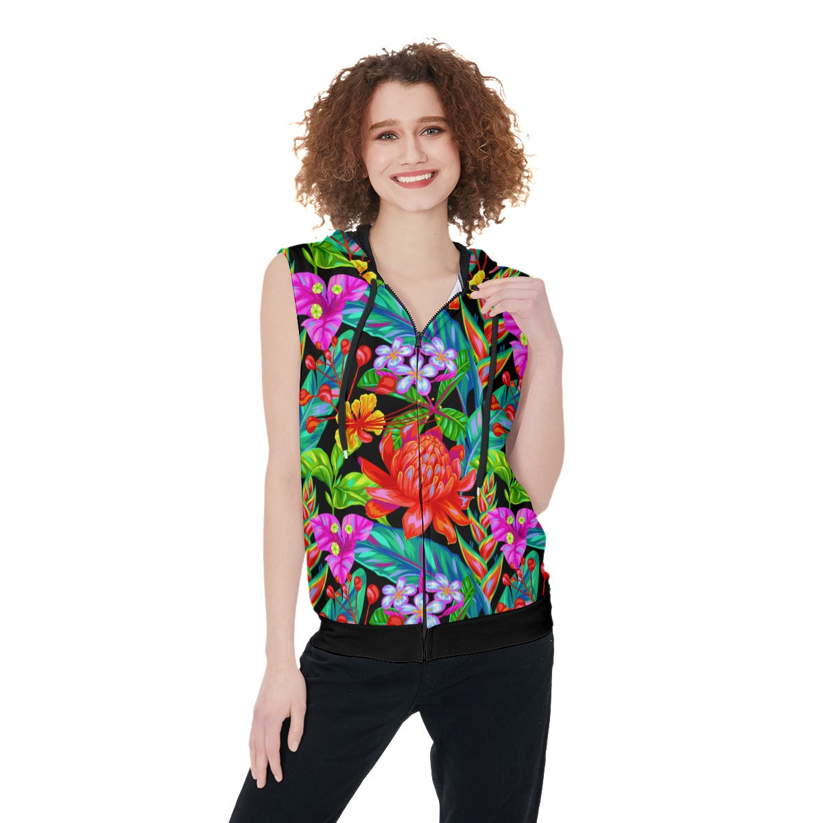 Women's Tropical Thailand Flowers Zip-up Sleeveless Hoodie