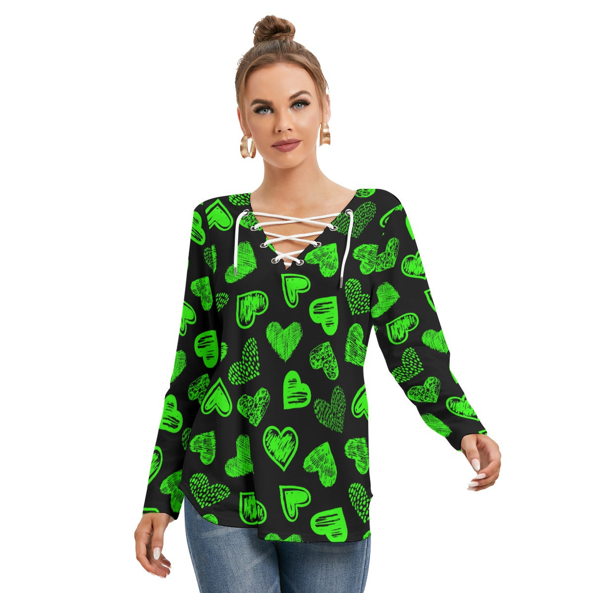 Black With Green Doodle Hearts Women's Long Sleeve Neckline Tie Sweatshirt