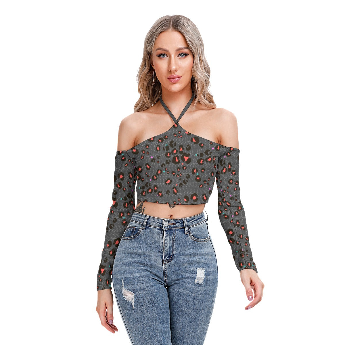 Bellafonte Animal Print Women's Halter Lace-up Top