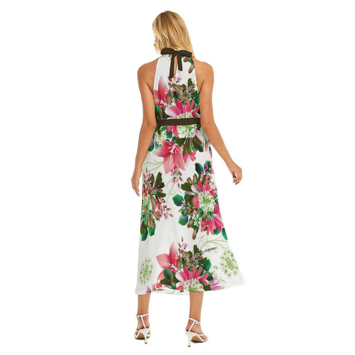 Cute Flowers Women's Wrap Hem Belted Halter Dress