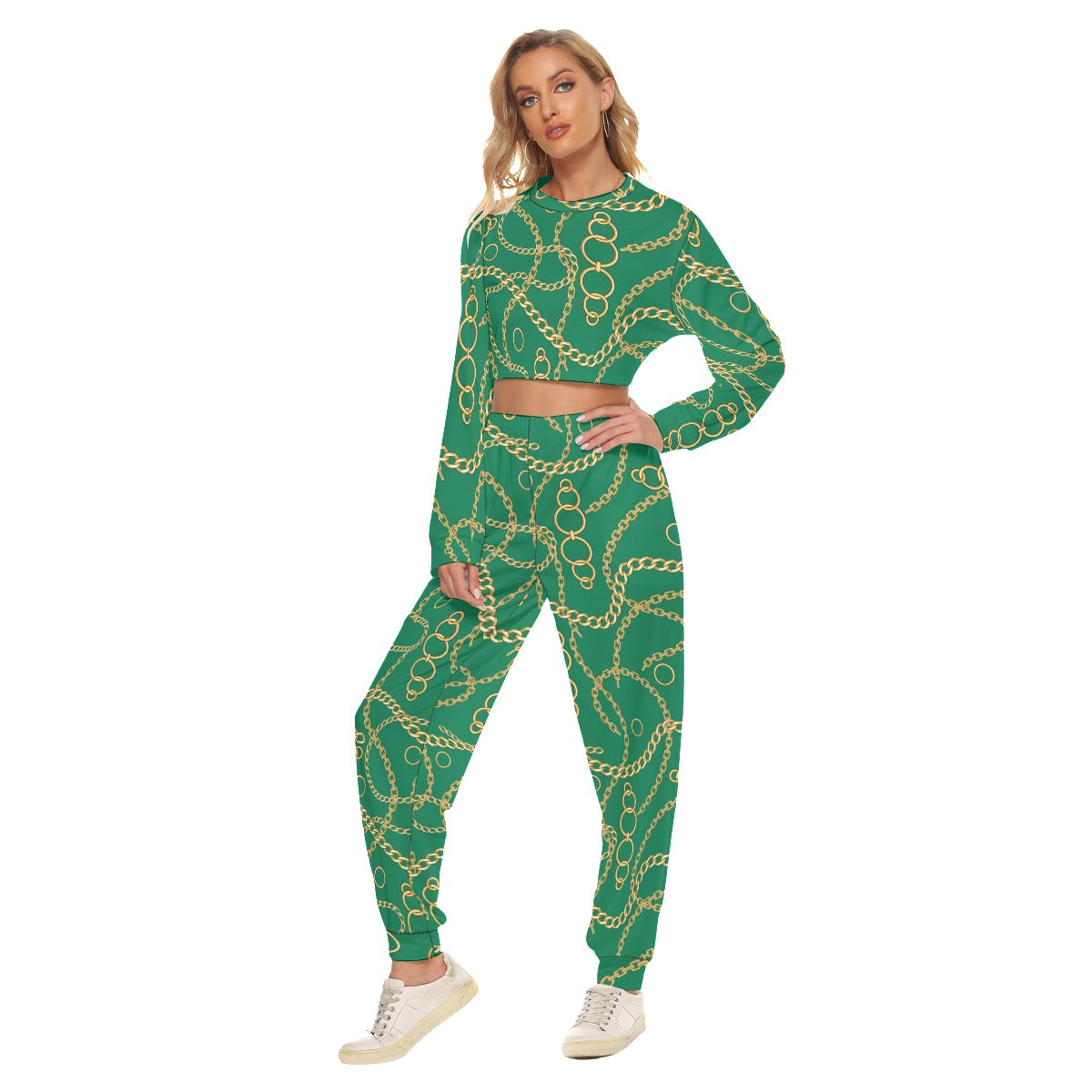 Green & Gold Chains Women's Crop Sweatshirt Suit