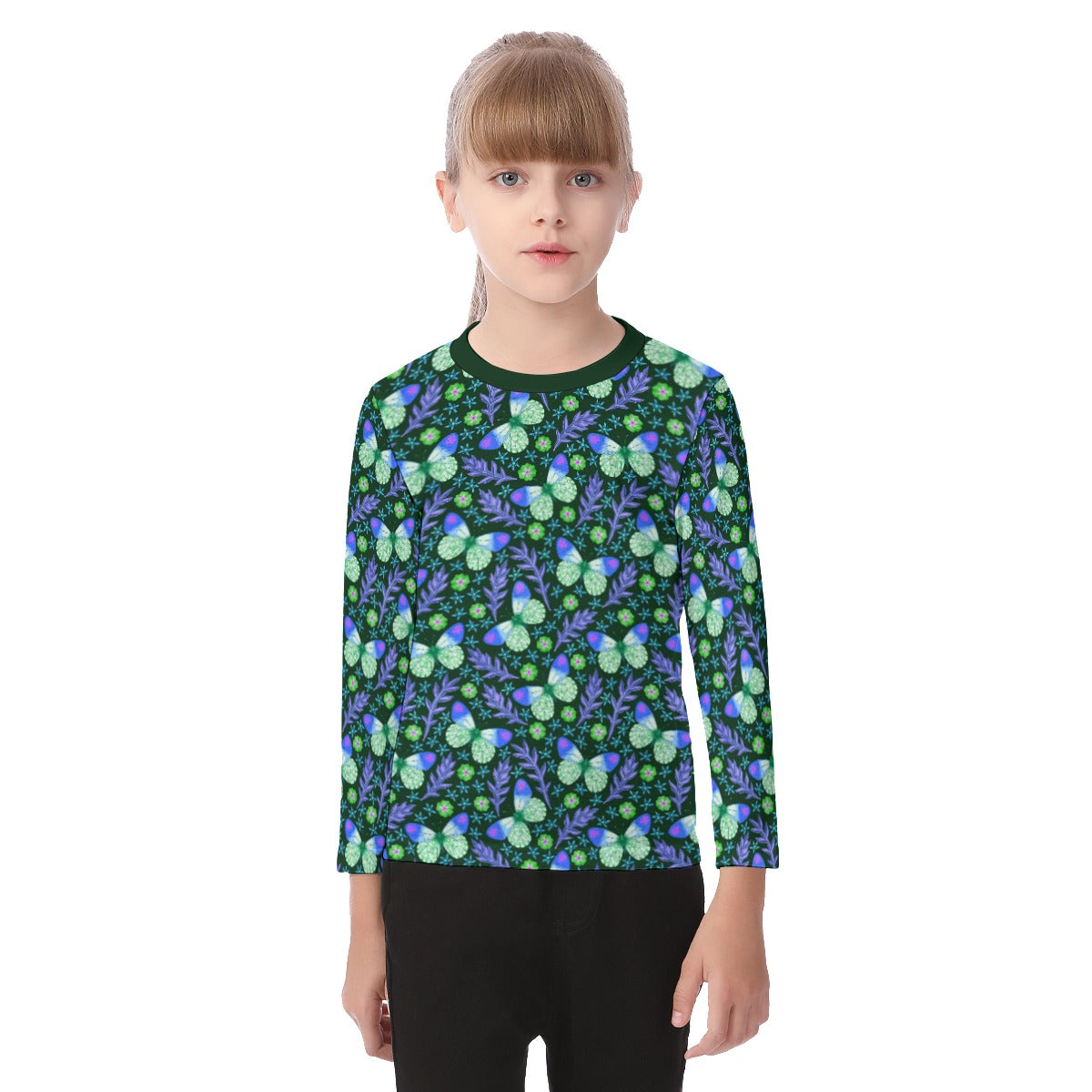 Butterflies and Flowers Girls O-neck Long Sleeve T-shirt