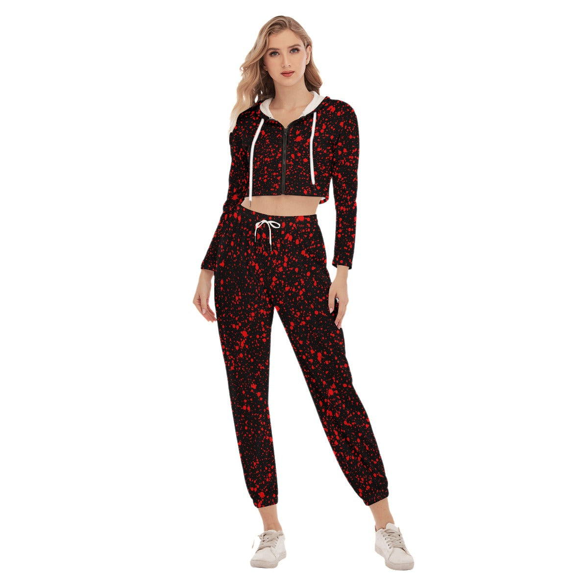 Black With Red Ink Splashes & Blots Women's Crop Hoodie Sports Sets