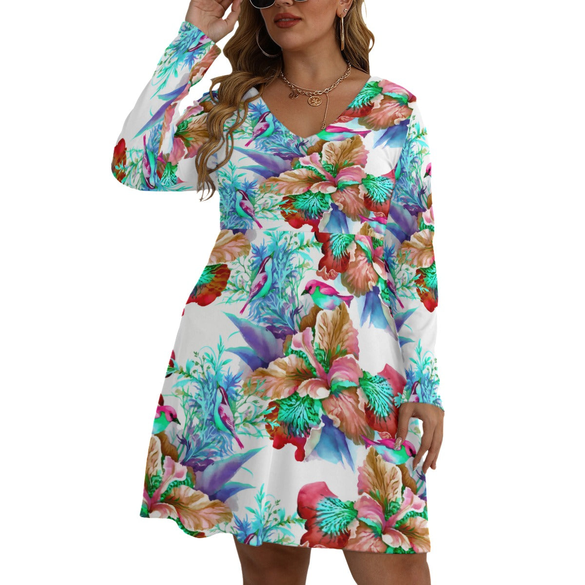 Watercolor Style Colorful Flowers & Birds Women's V-neck Long Sleeve Dress (Plus Size)