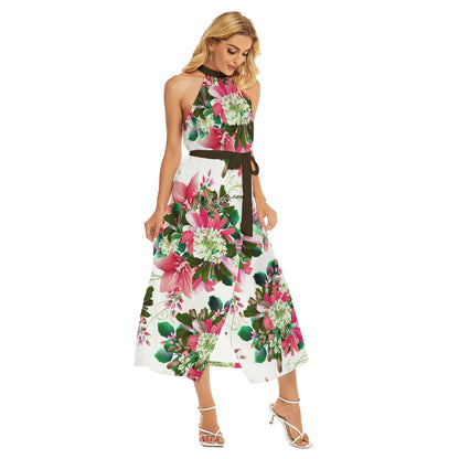 Cute Flowers Women's Wrap Hem Belted Halter Dress