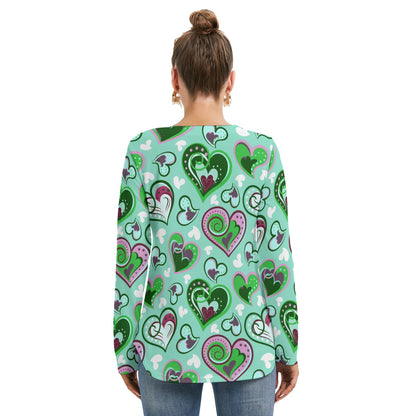 Colorful Doodle Hearts Women's Long Sleeve Neckline Tie Sweatshirt