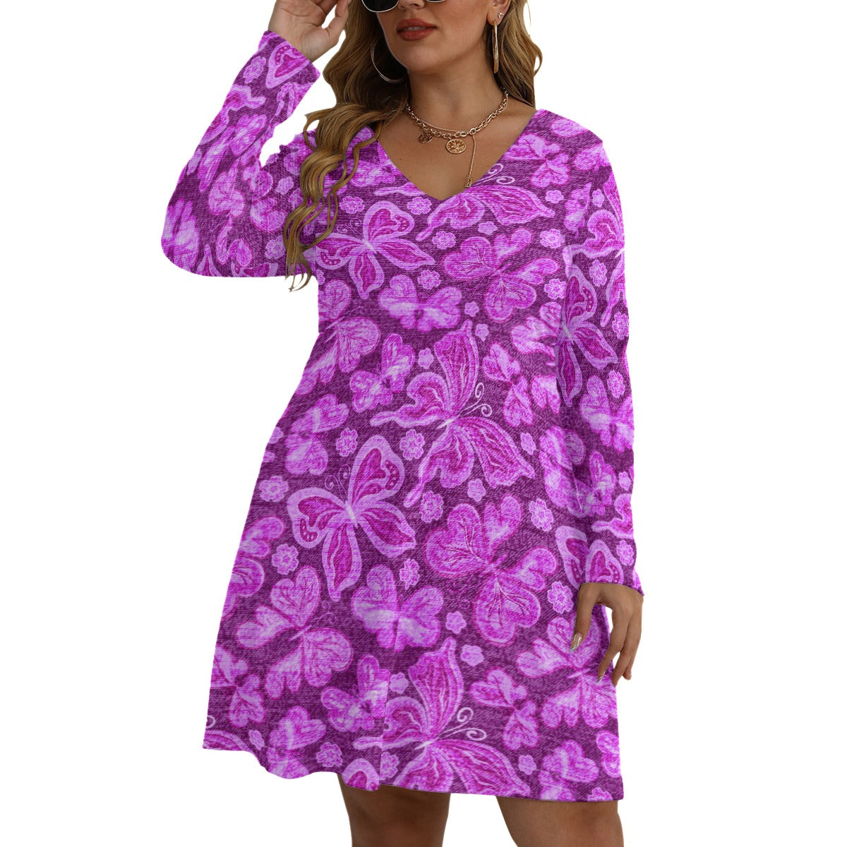 Women's Cute Colorful Butterflies V-neck Long Sleeve Dress (Plus Size)