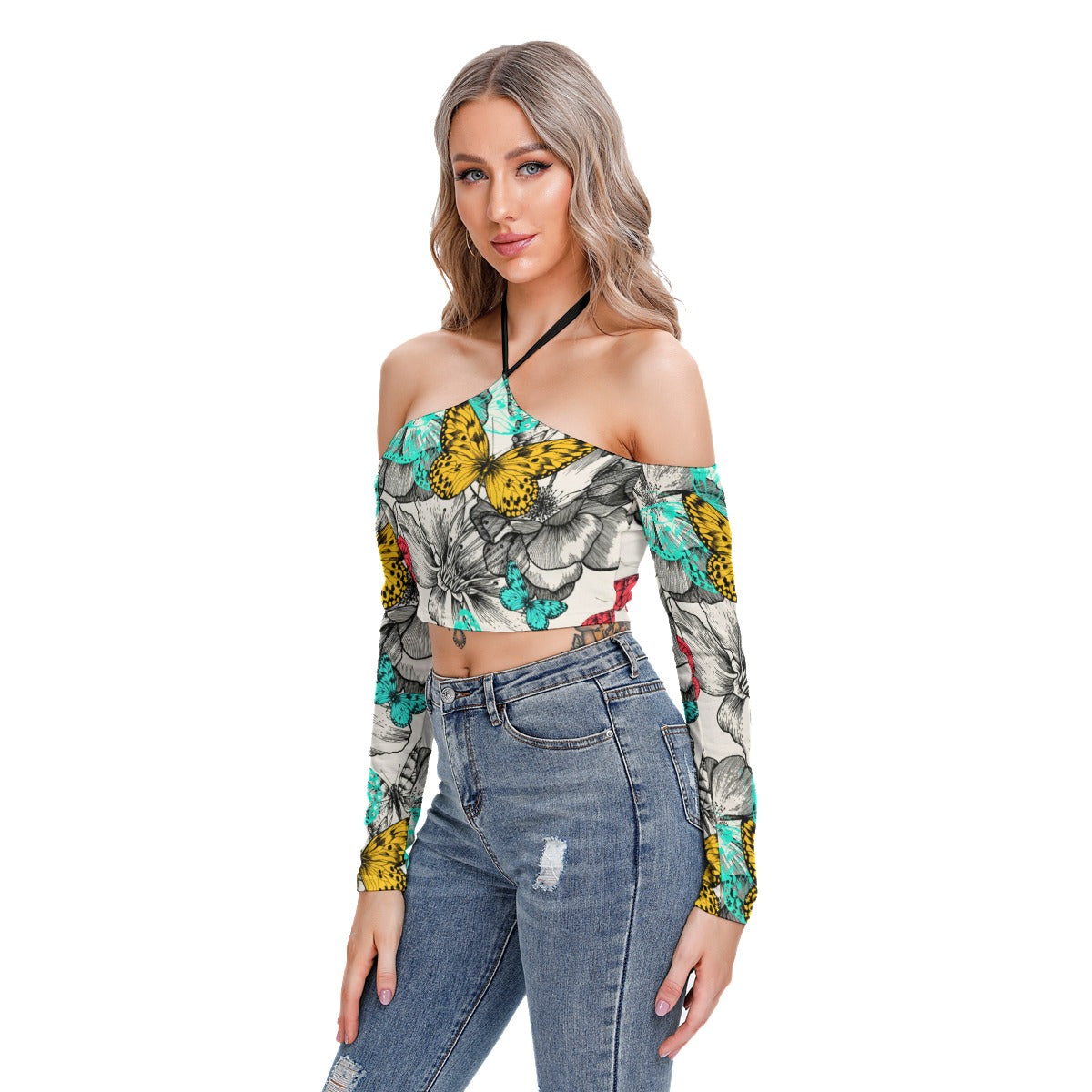 Blooming Roses & Colorful Butterflies Women's Halter Lace-up Top