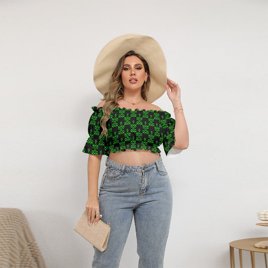 Cute Black & Green Women's Off-shoulder Cropped Top With Short Puff Sleeve