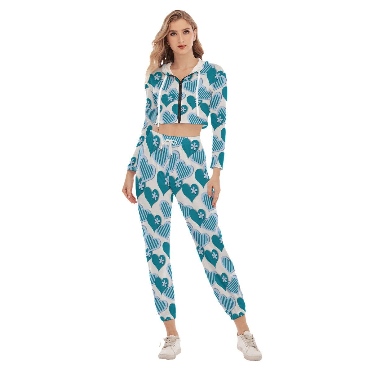 Cute Teal Hearts Women's Crop Hoodie Sports Sets