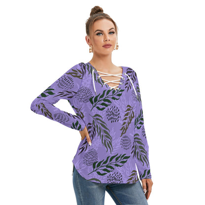 Exotic Leaves Women's Long Sleeve Neckline Tie Sweatshirt