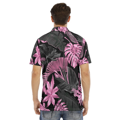 Pink & Black Tropical Leaves Men's Polo Shirt | Velvet