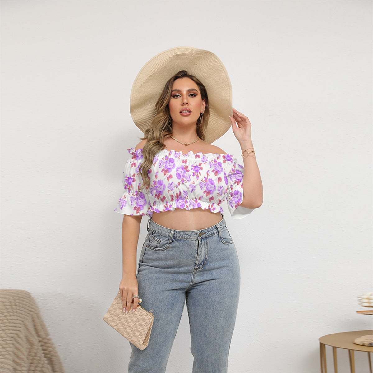 Purple Roses Women's Off-shoulder Cropped Top With Short Puff Sleeve