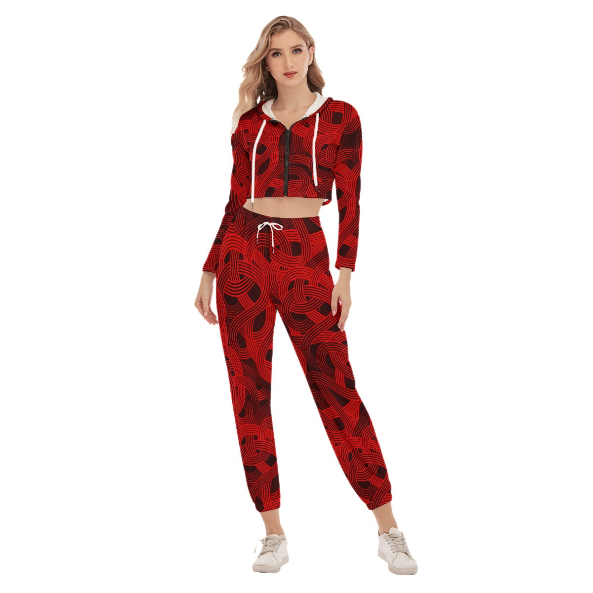 Trippy Red & Black Noodles Women's Crop Hoodie Sports Sets