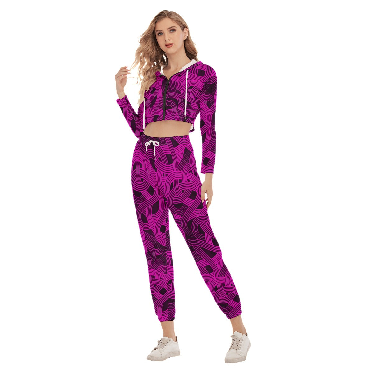 Trippy Pink & Black Noodles Women's Crop Hoodie Sports Sets