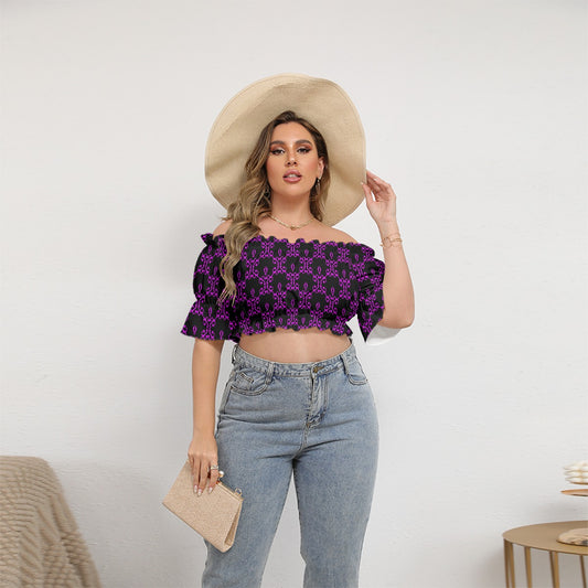 Cute Black & Purple Women's Off-shoulder Cropped Top With Short Puff Sleeve