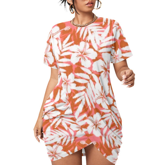 Red Tropical Flowers Women’s Stacked Hem Dress With Short Sleeve （Plus Size）