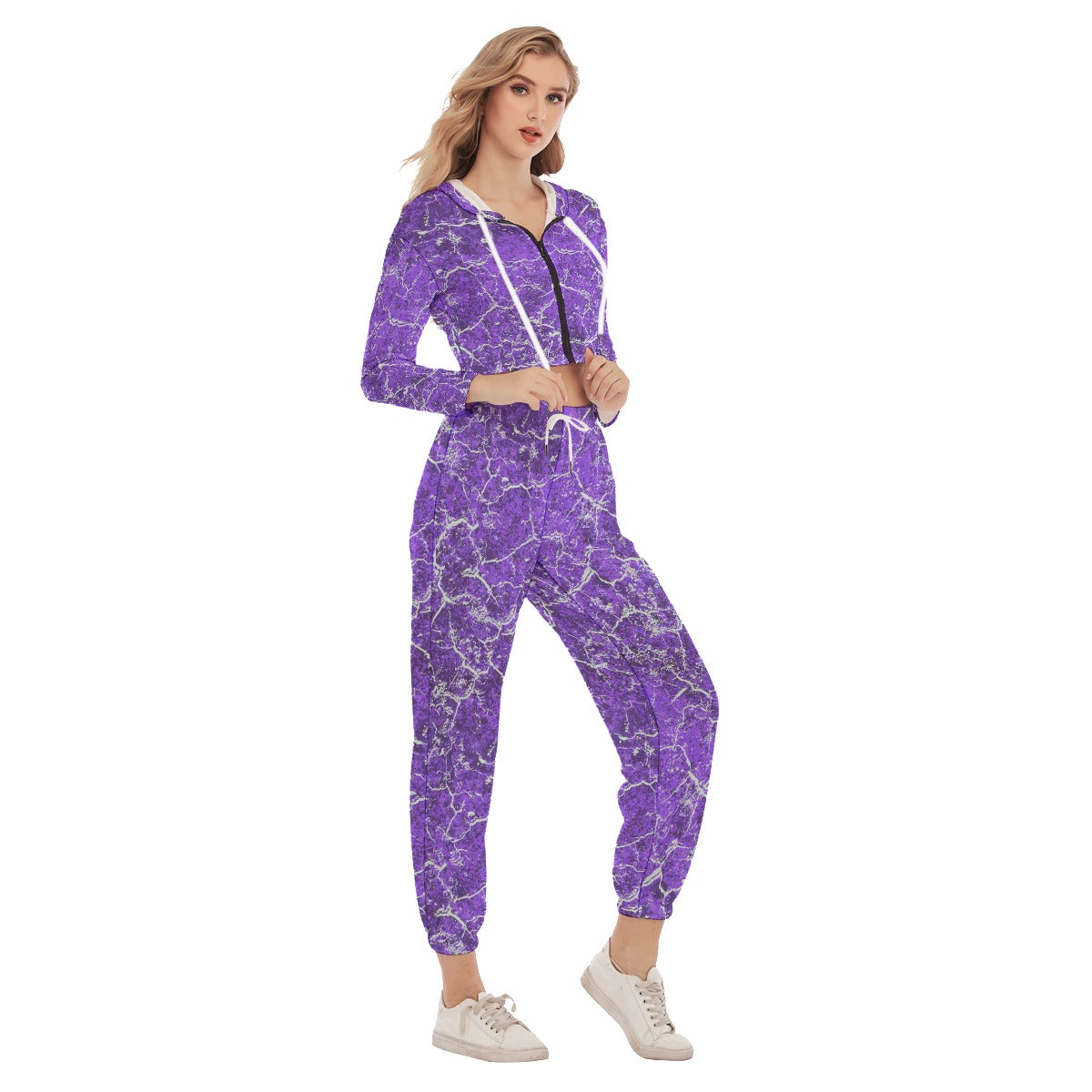 Purple Grunge Women's Crop Hoodie Sports Sets