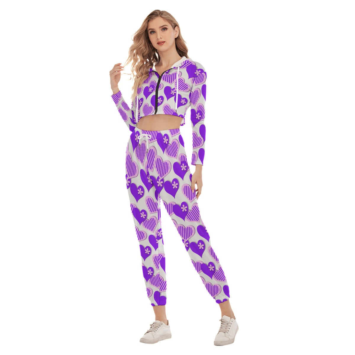 Cute Purple Hearts Women's Crop Hoodie Sports Sets