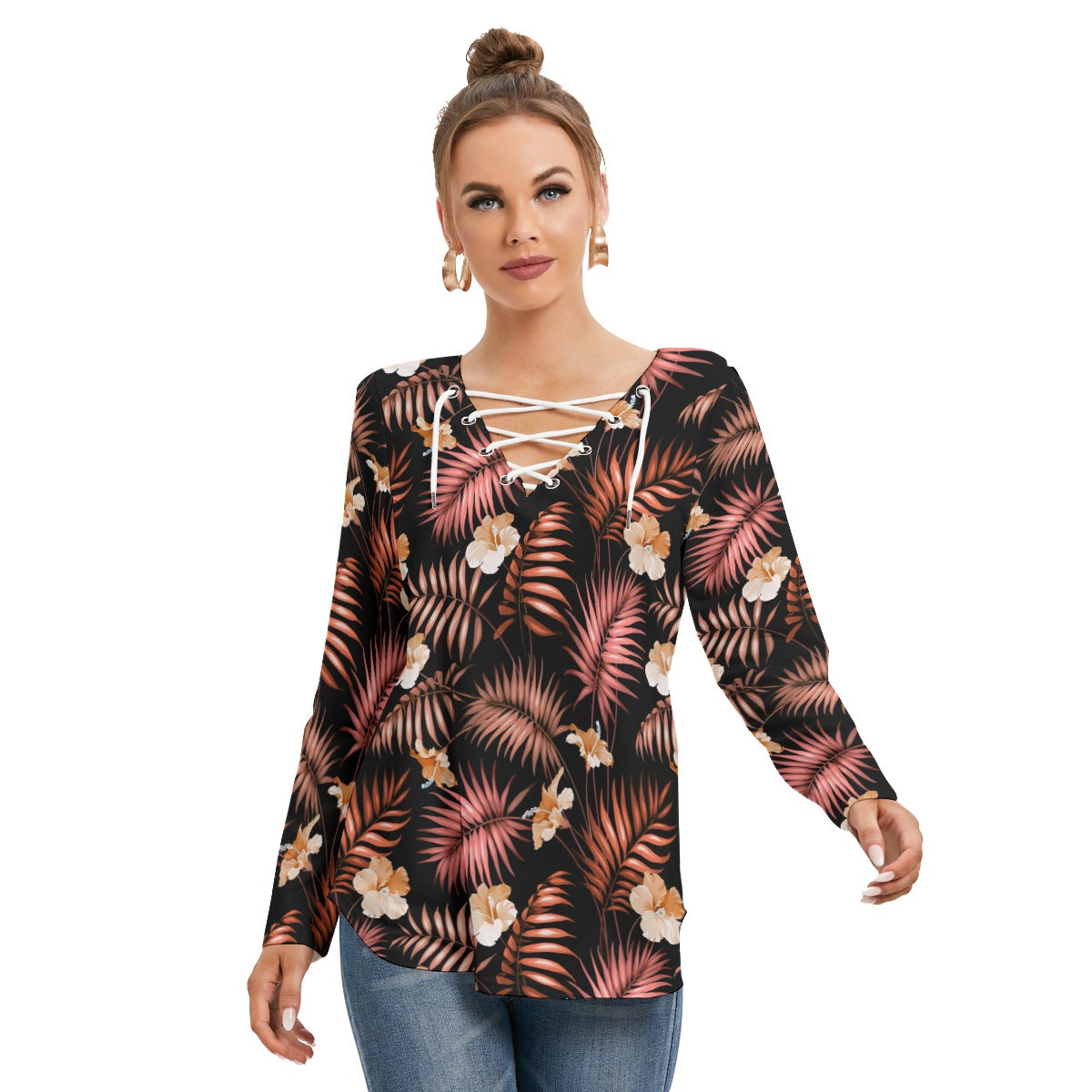 Tropical Flowers Women's Long Sleeve Neckline Tie Sweatshirt