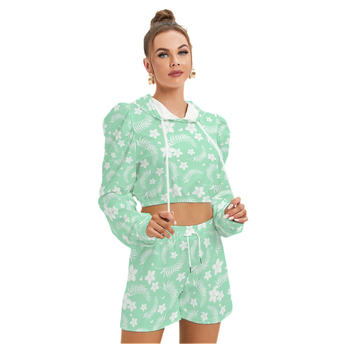 Tropical Flowers Women's Mirco Fleece Hoodie And Shorts Set