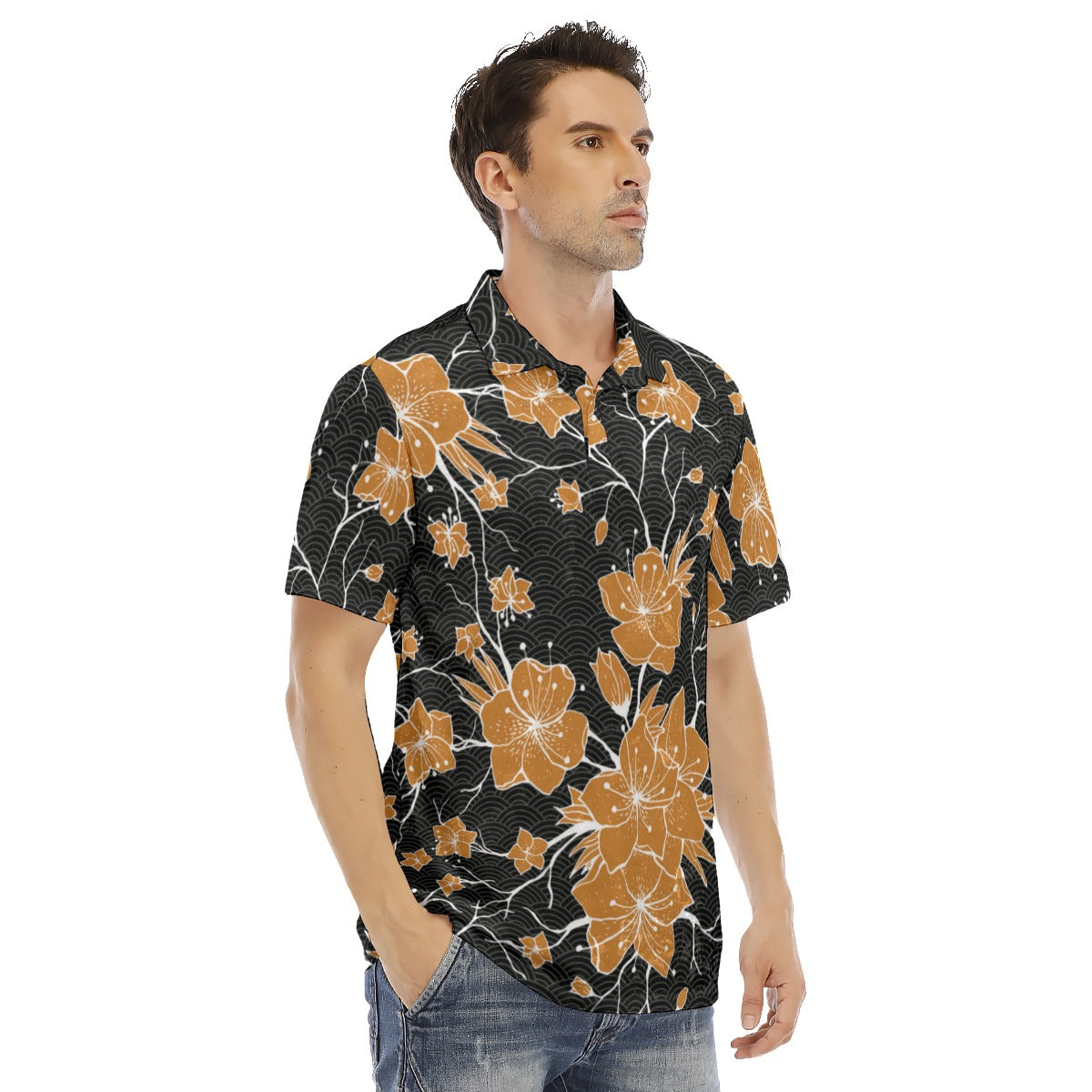 Japanese Style Flowers Men's Polo Shirt | Velvet